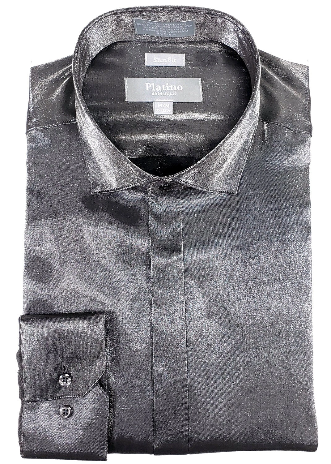 Camisa de Satén Plata I Fit Delgado I Gris Carbón - Elegancia Inigualable.