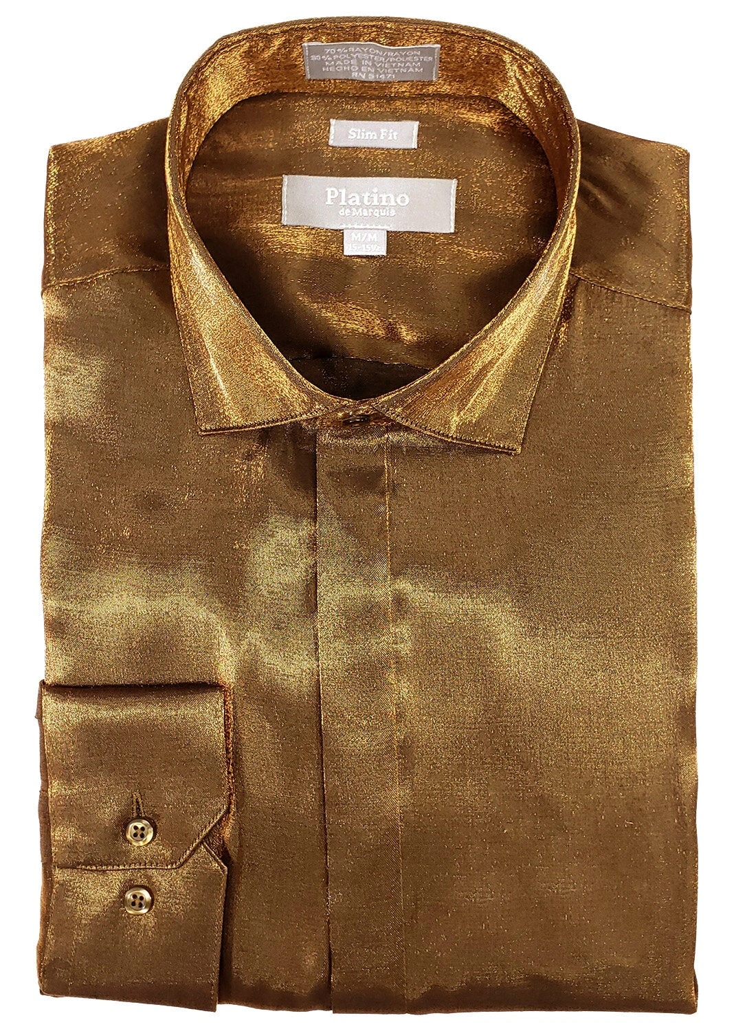 Platino Slim: Camisa Satinada Dorado Brillante. ¡Elegancia en Cada Hilo!